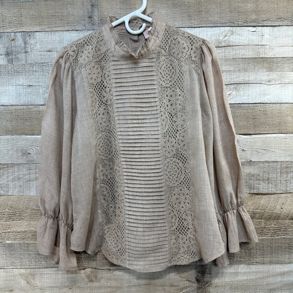 Once‎ Upon a Dream Victorian Lace Pleated Mock Neck Blouse Taupe Womens Medium